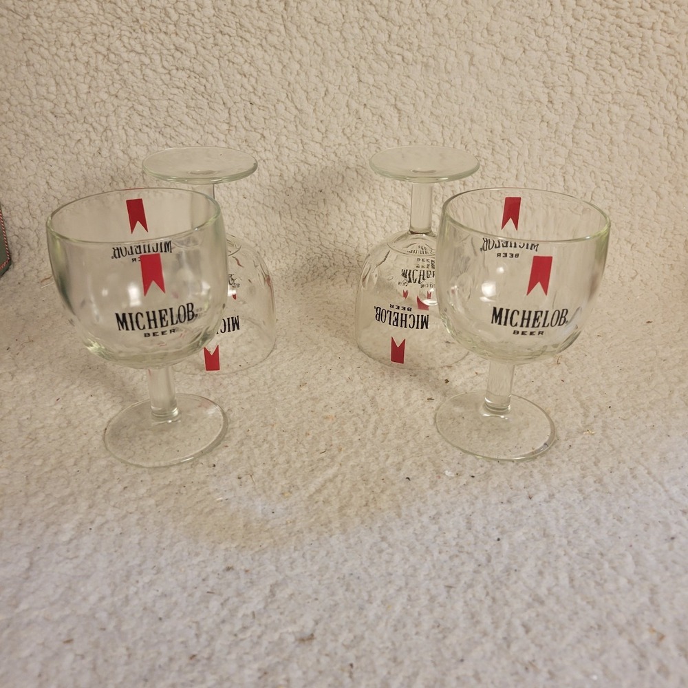 Vintage Michelob Beer Goblet Glasses Set of 4 Red Logo Thumbprint Stemmed 12oz